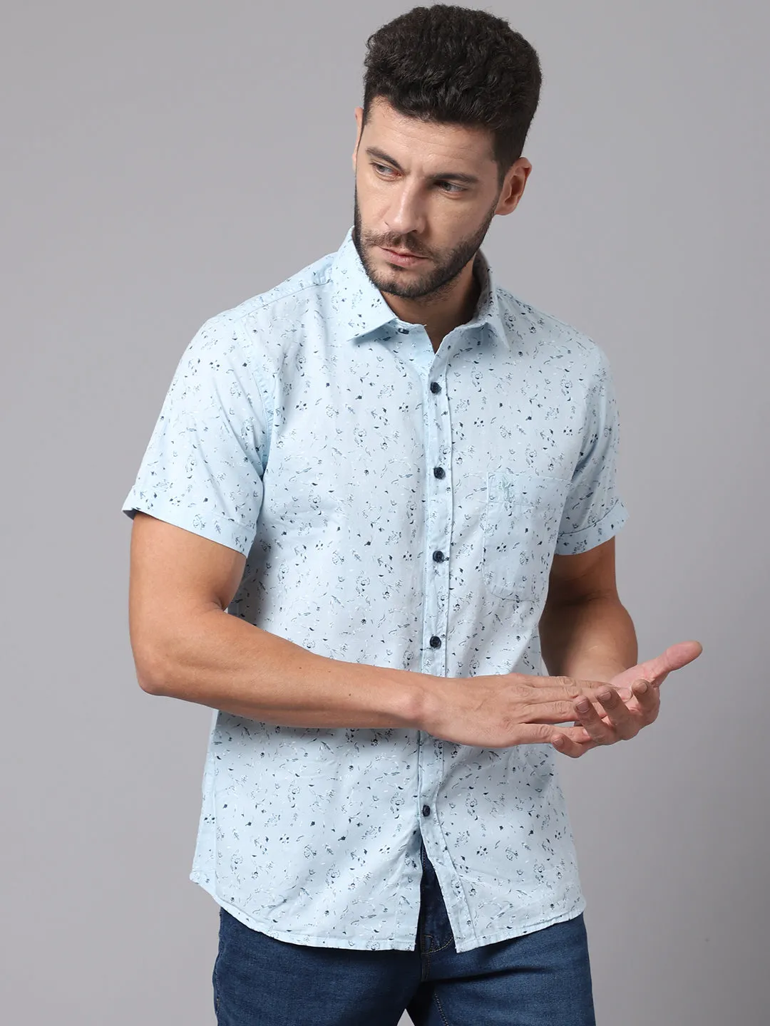 Men's Sky Blue Casual Floral Ditsy Print Half Sleeve Shirt