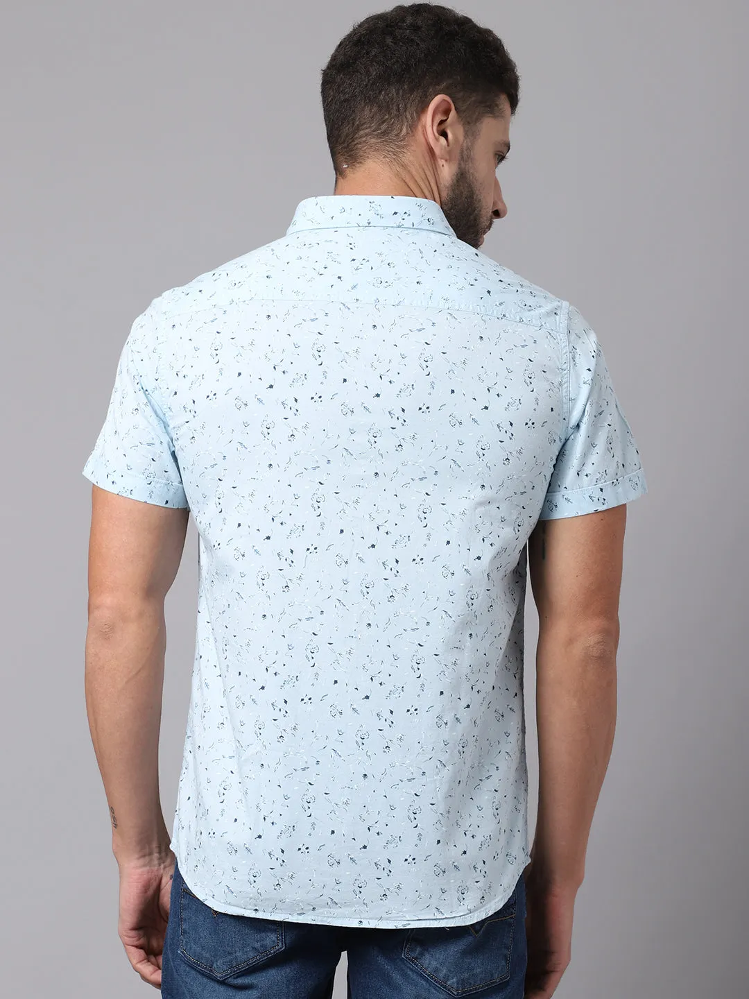 Men's Sky Blue Casual Floral Ditsy Print Half Sleeve Shirt