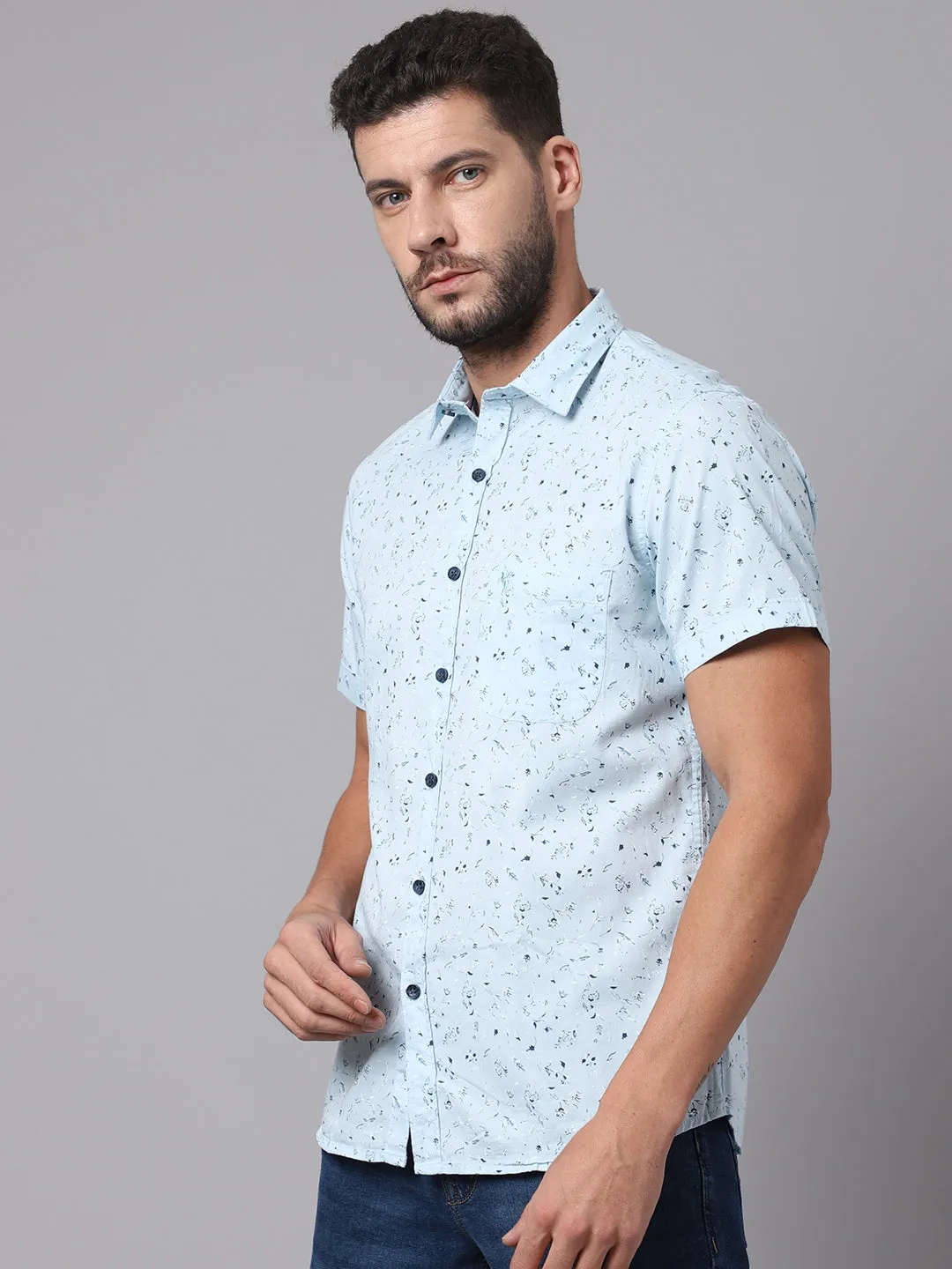 Men's Sky Blue Casual Floral Ditsy Print Half Sleeve Shirt