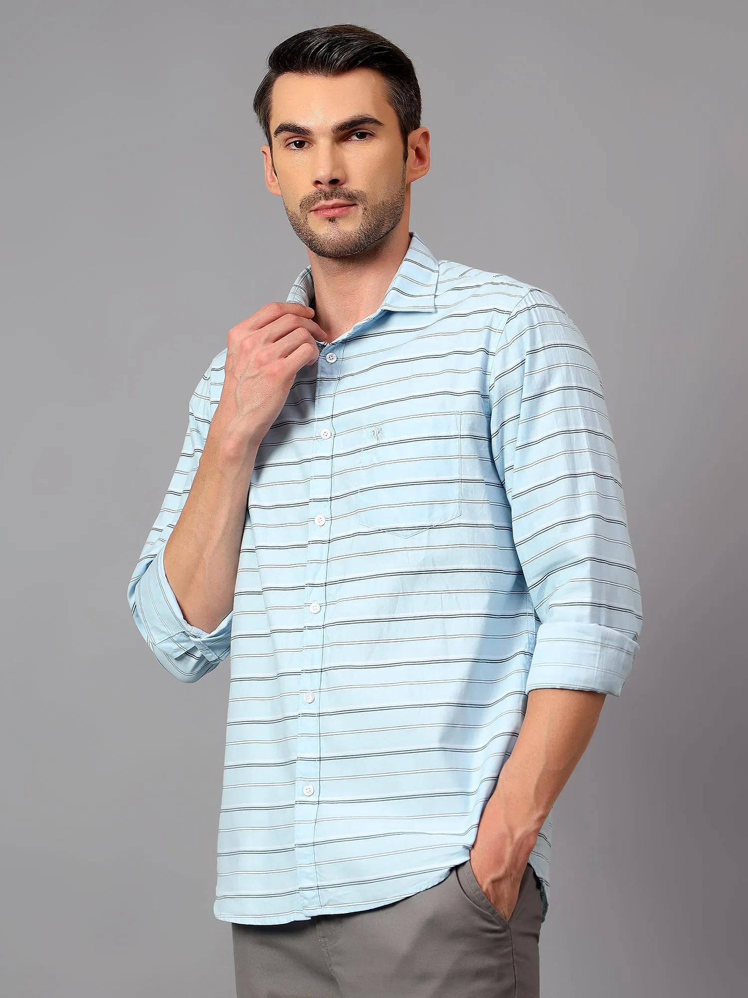 Men's Sky Blue Casual Horizontal Stripe Print Full Sleeve Shirt