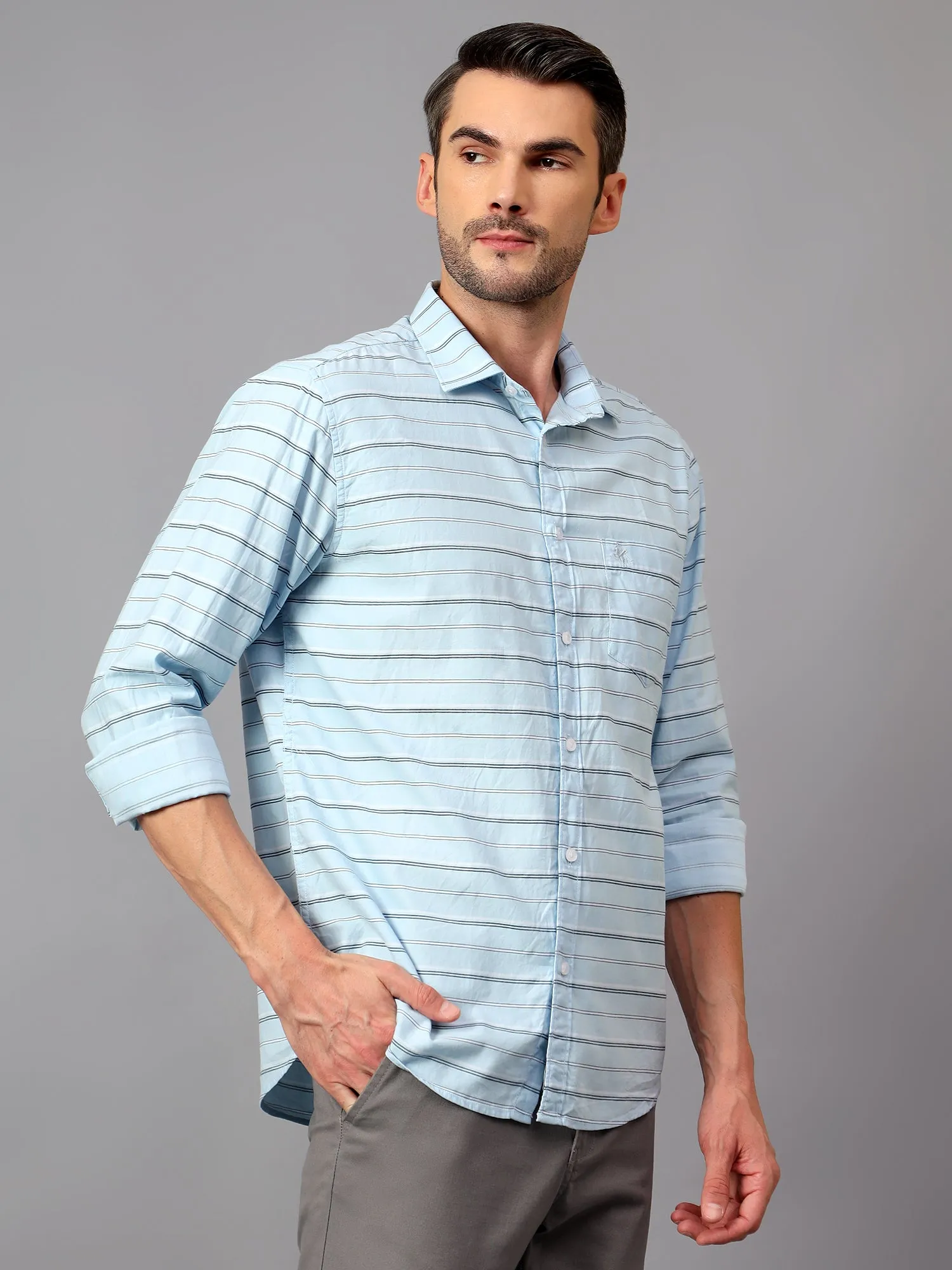 Men's Sky Blue Casual Horizontal Stripe Print Full Sleeve Shirt