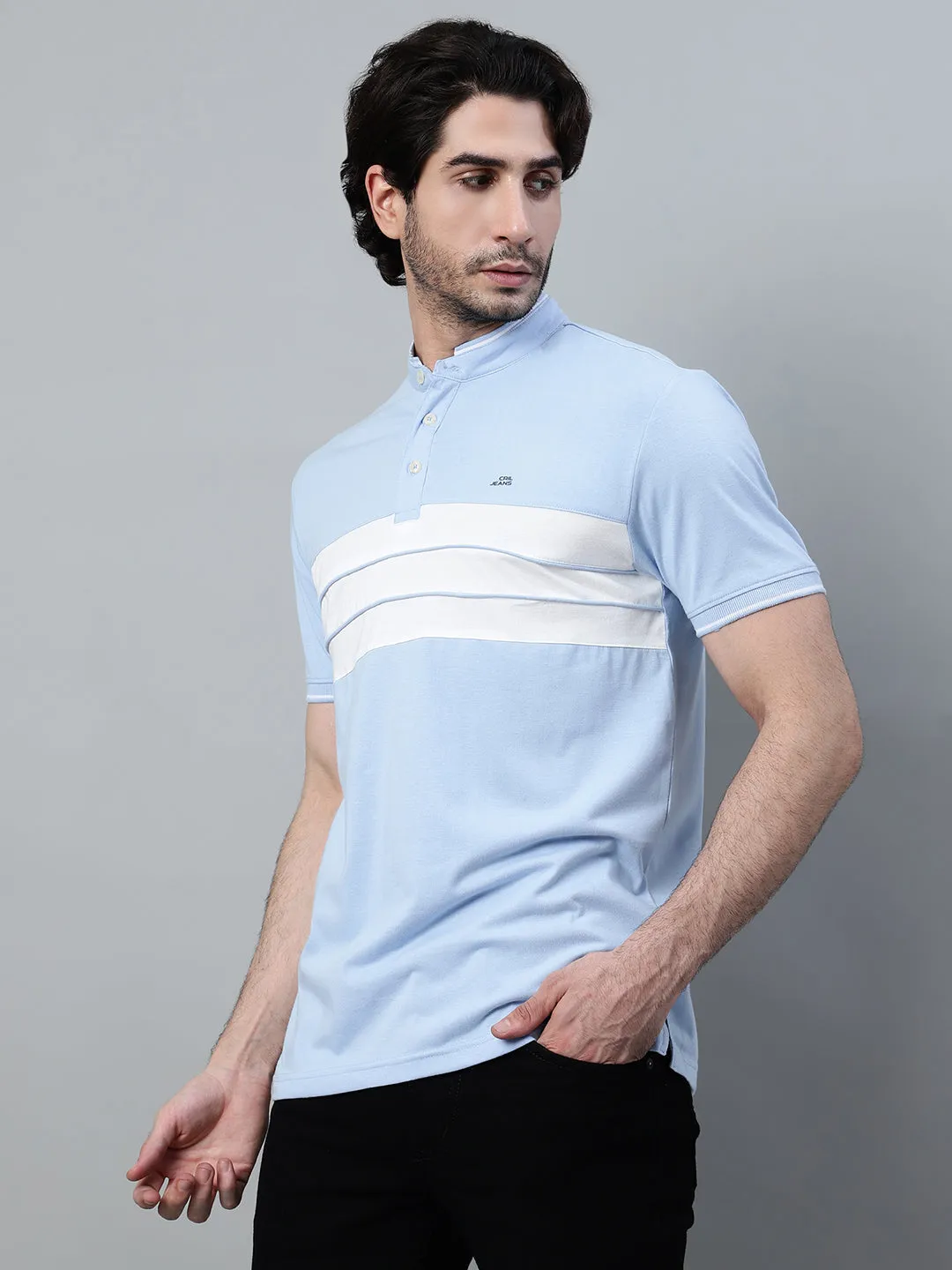 Men's Sky Blue Color Block Mandarin Collar T-shirt