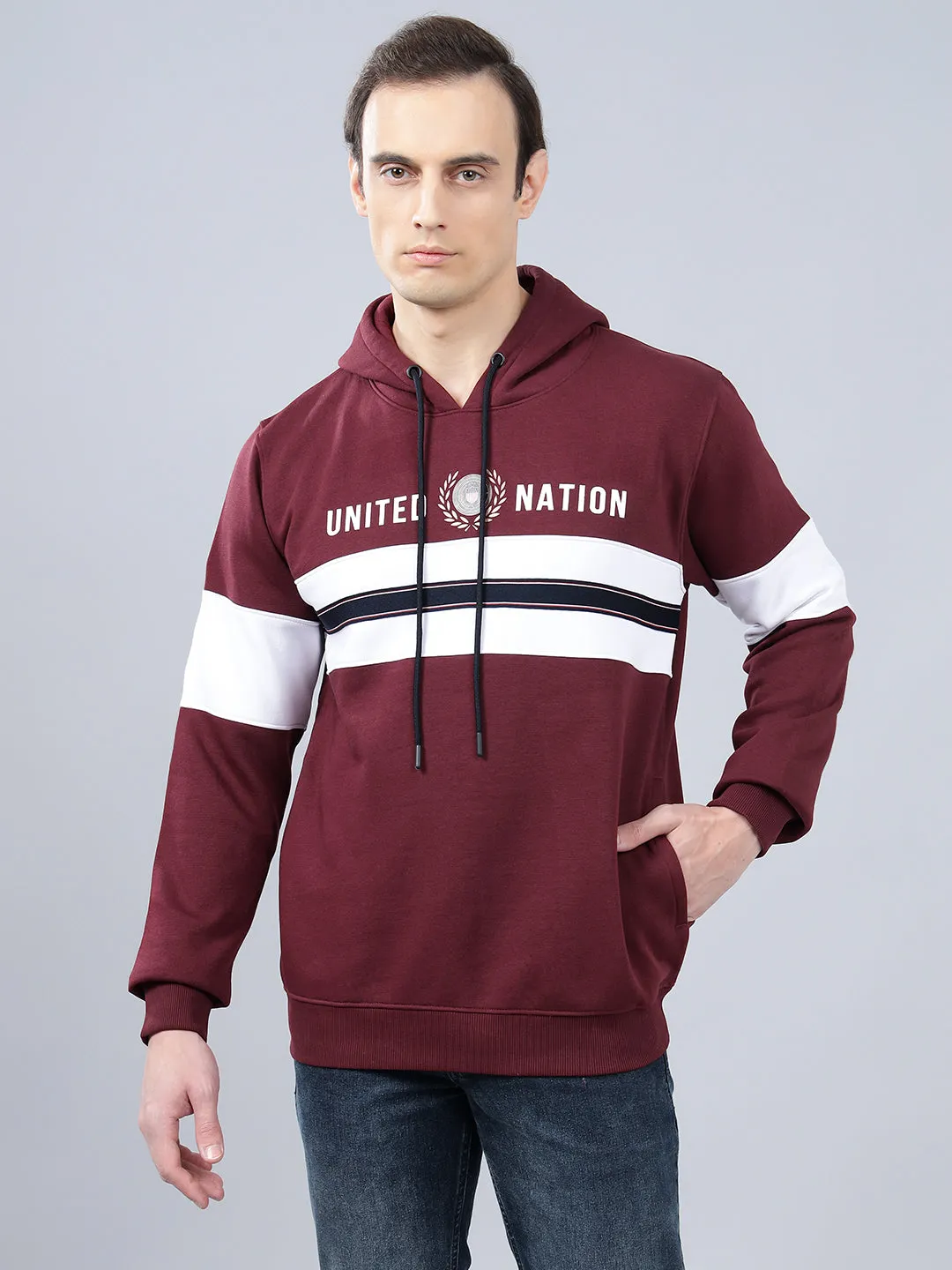 Men's Striped Maroon Hoody Neck Sweatshirt