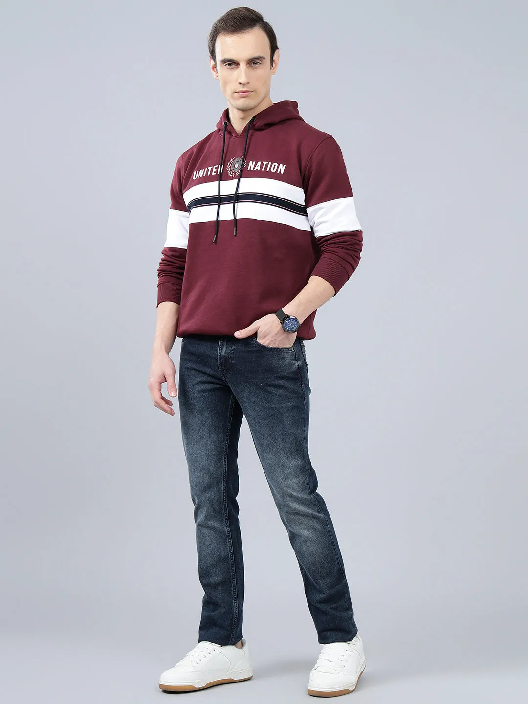 Men's Striped Maroon Hoody Neck Sweatshirt