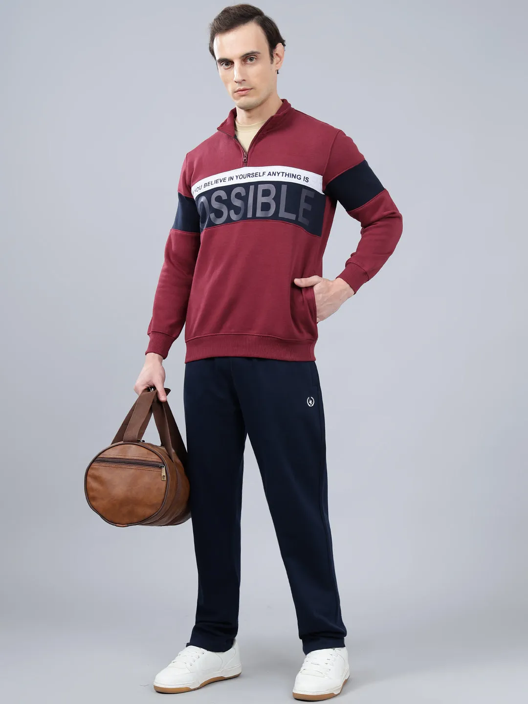 Men's Typography Printed Maroon High Neck Sweatshirt