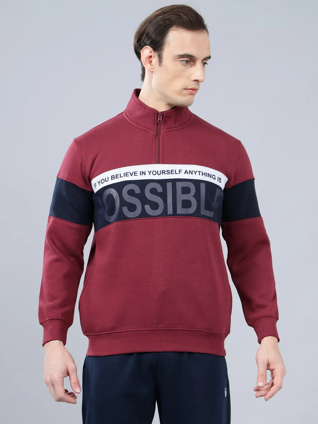 Men's Typography Printed Maroon High Neck Sweatshirt