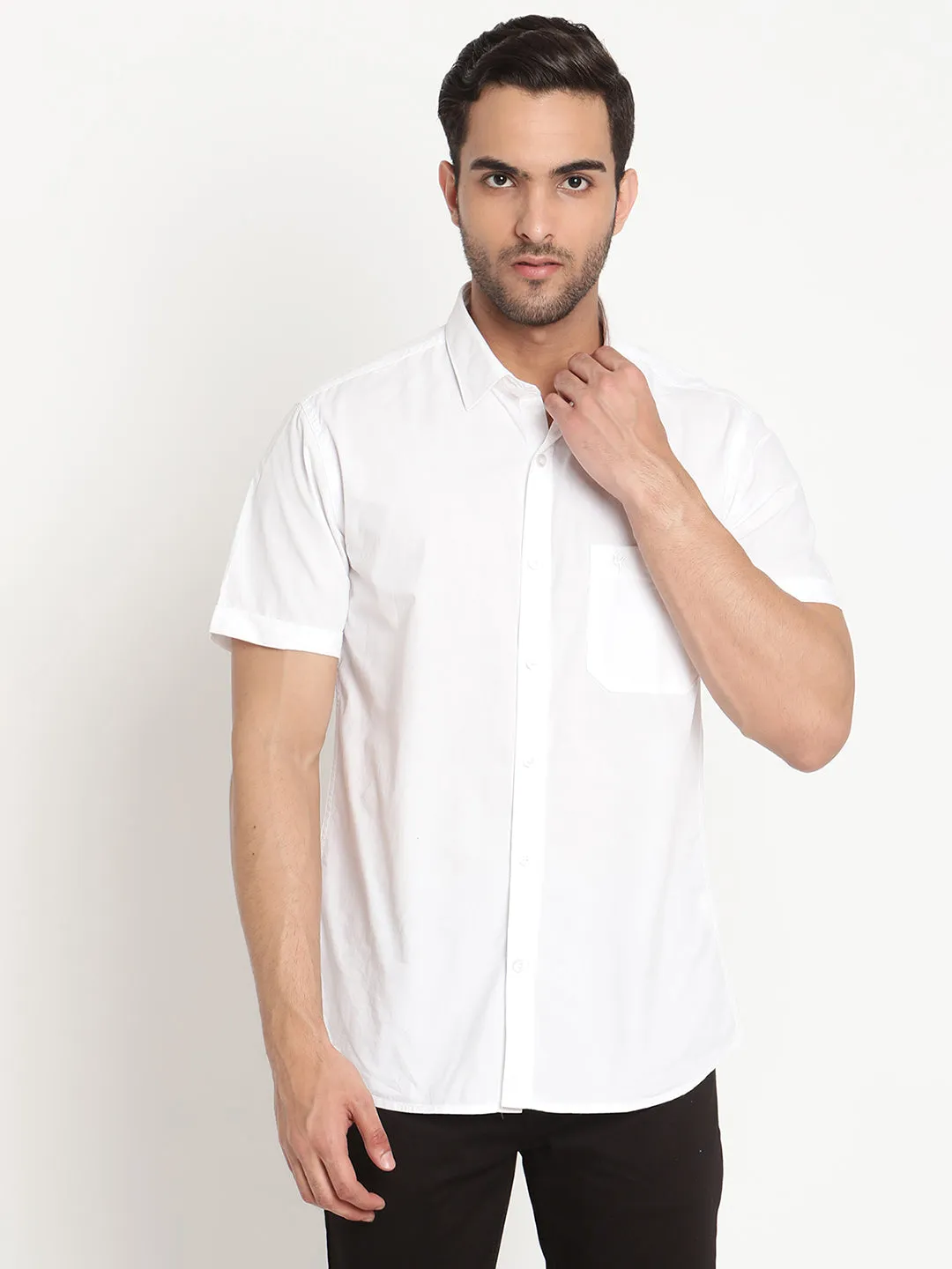 Men's White Casual Plain Half Sleeve Shirt