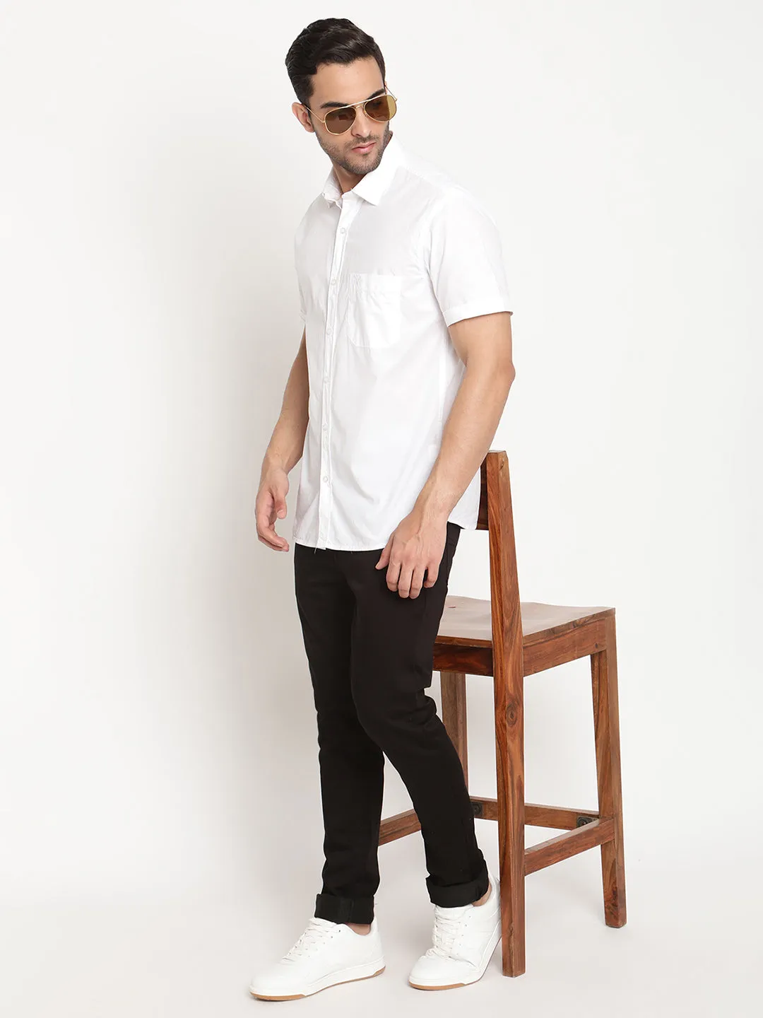 Men's White Casual Plain Half Sleeve Shirt