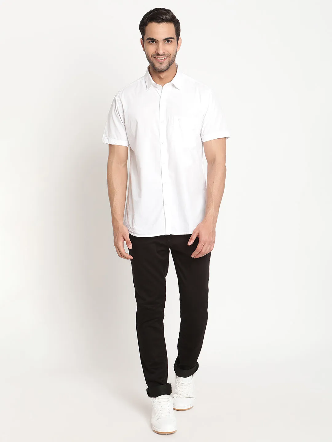 Men's White Casual Plain Half Sleeve Shirt