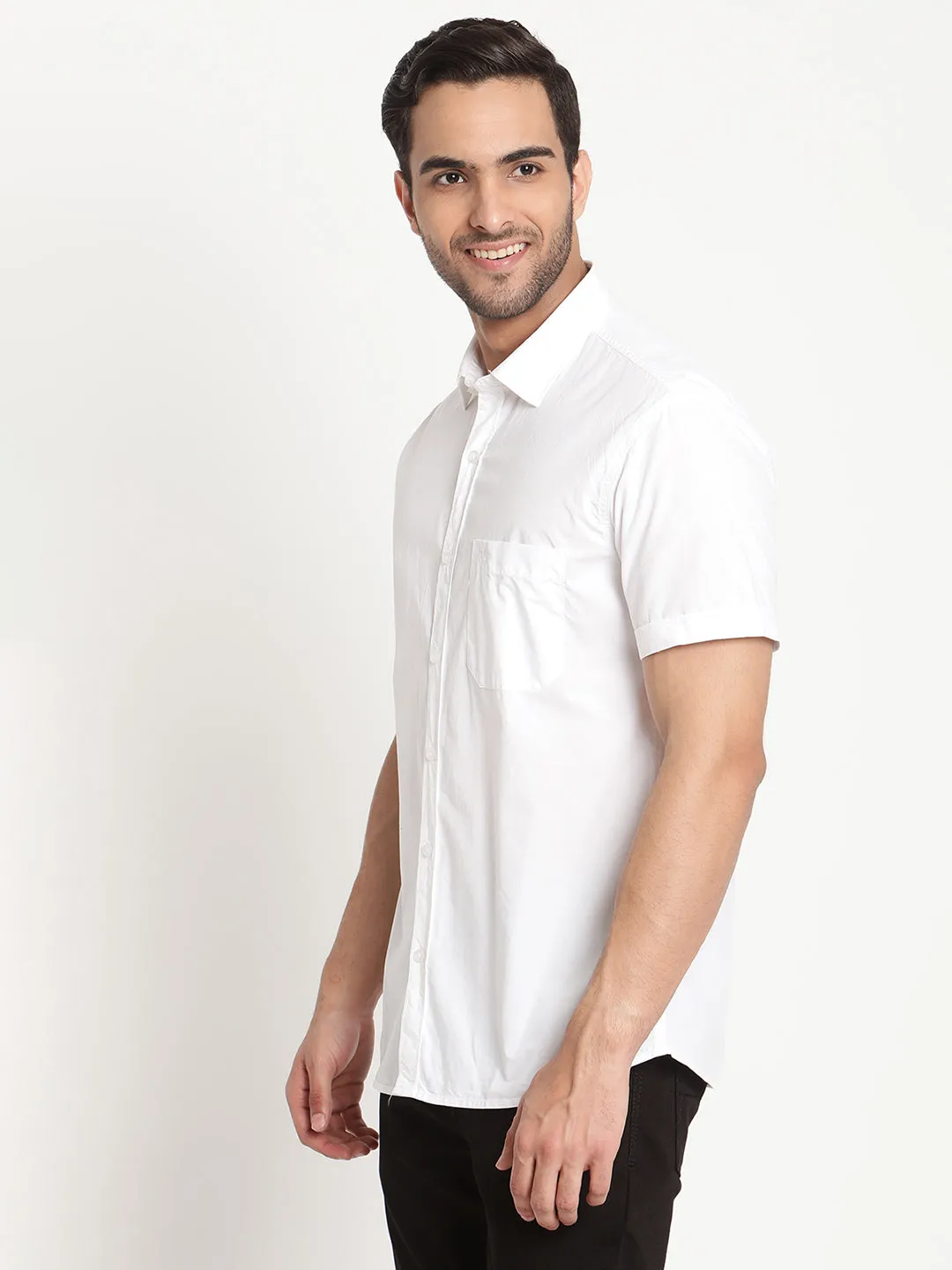 Men's White Casual Plain Half Sleeve Shirt