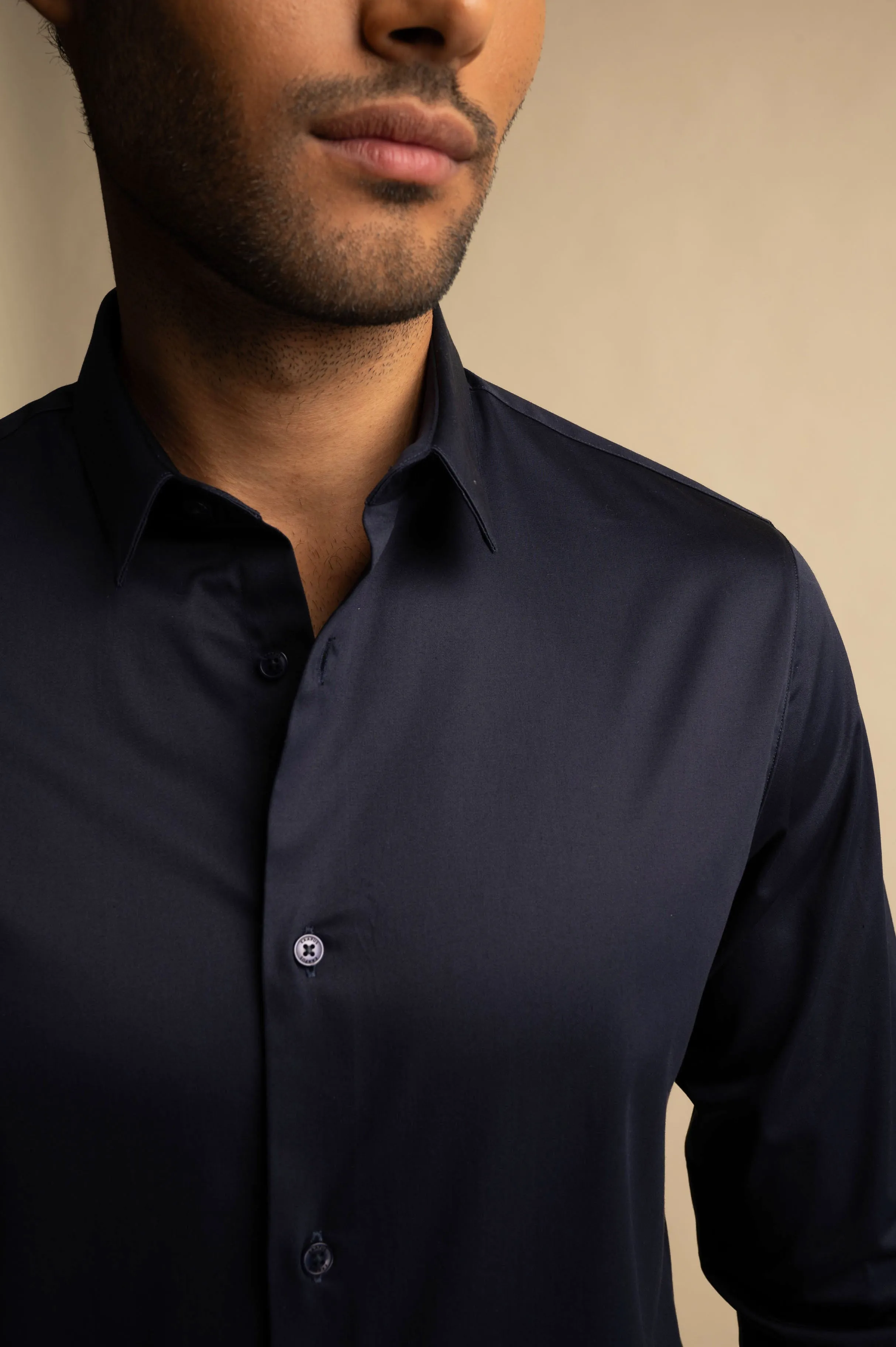 Midnight Navy Stretch Satin Shirt