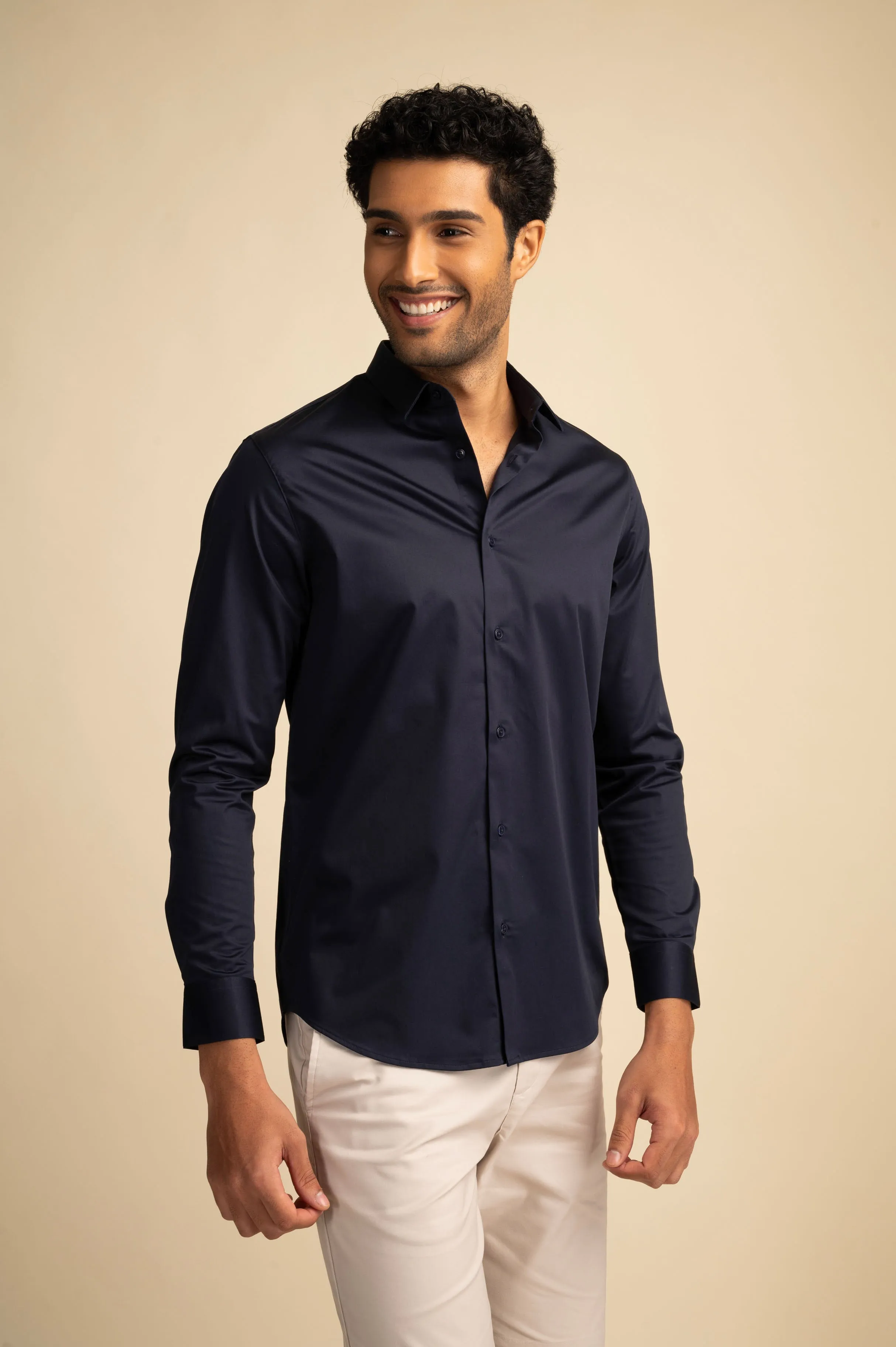 Midnight Navy Stretch Satin Shirt