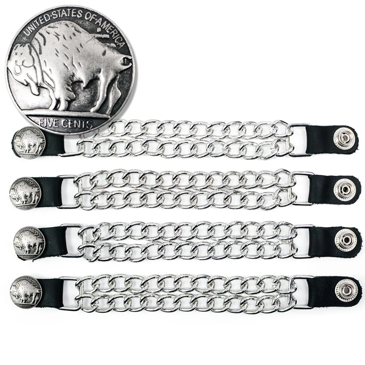 Milwaukee Leather 5 Cent Buffalo Medallion Vest Extender - Double Chrome Chains Genuine Leather 8.5" Extension 4-PCS MLA6043SET