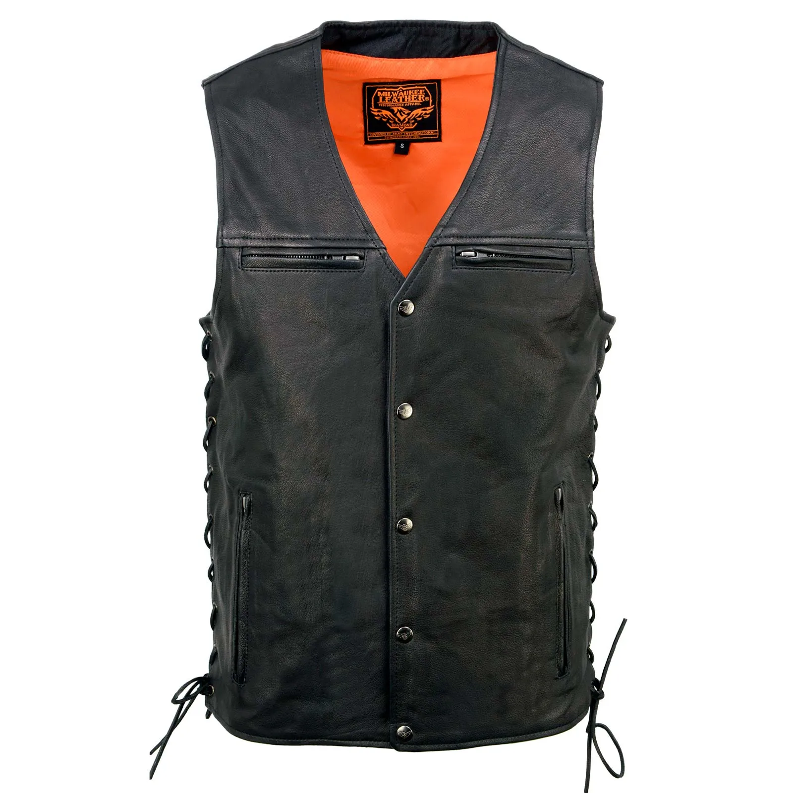 Milwaukee Leather MLM3517 Men's Black Premium Leather Classic V-Neck Side Lace Motorcycle Rider Vest