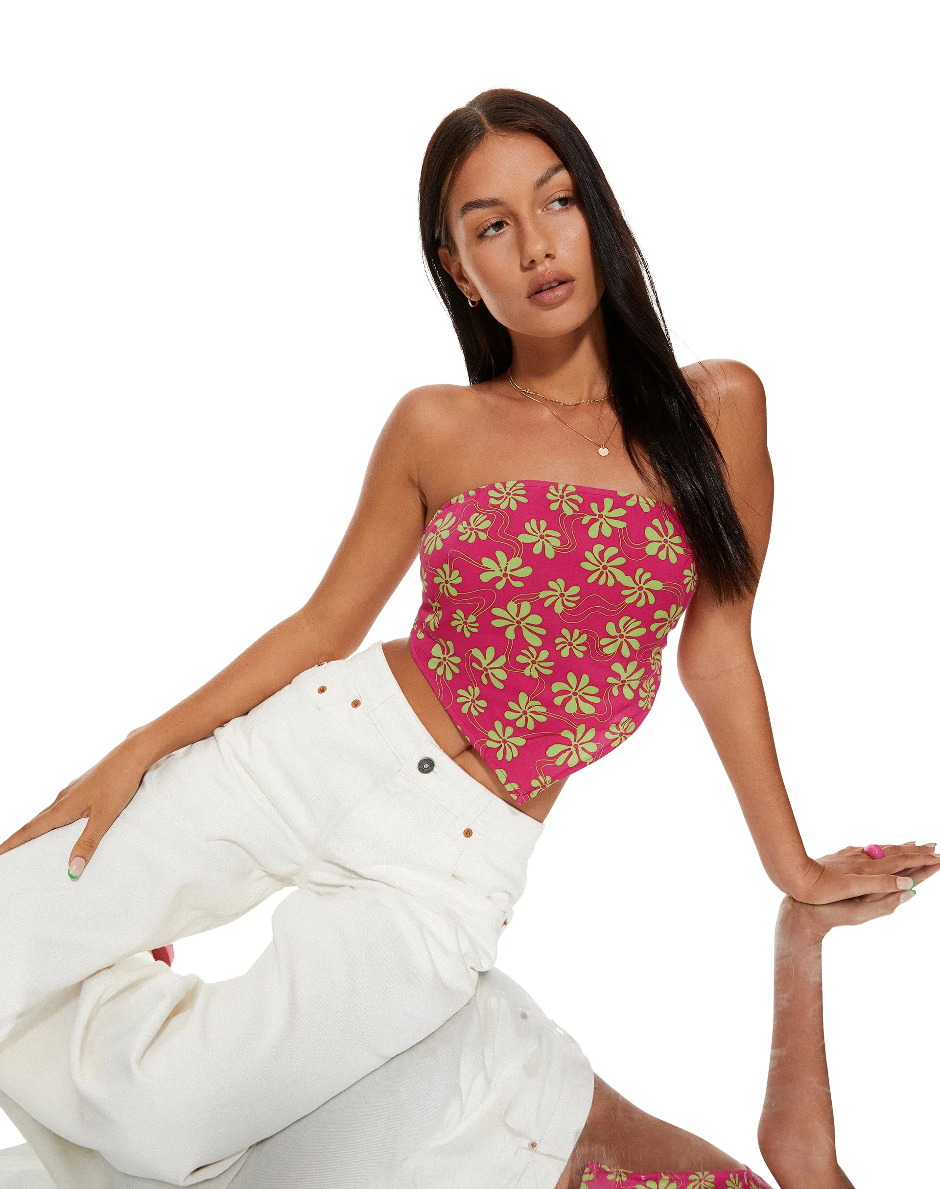 MOTEL X BARBARA Iryas Crop Top in 90s Beachy Floral Hot Pink