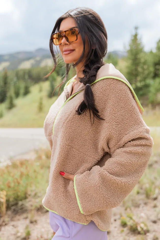 My Go To Taupe and Lime Sherpa Quarter Zip Hooded Pullover FINAL SALE