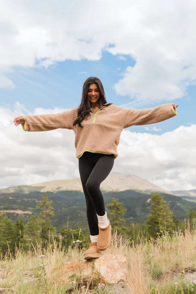 My Go To Taupe and Lime Sherpa Quarter Zip Hooded Pullover FINAL SALE