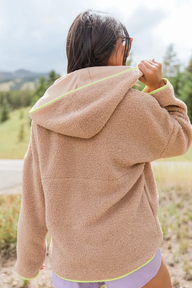 My Go To Taupe and Lime Sherpa Quarter Zip Hooded Pullover FINAL SALE