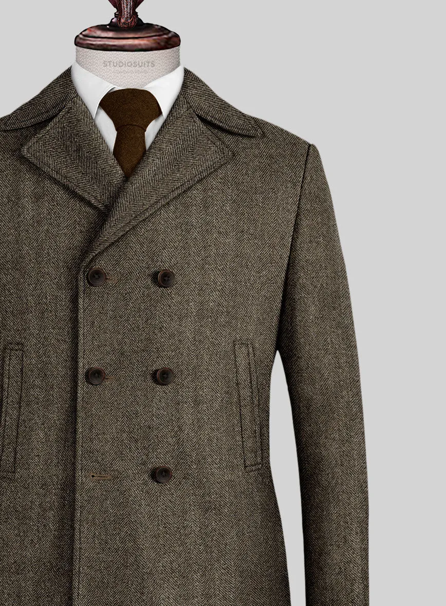 Naples Wide Herringbone Brown Tweed Pea Coat