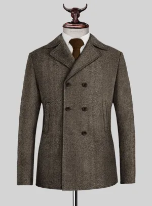 Naples Wide Herringbone Brown Tweed Pea Coat