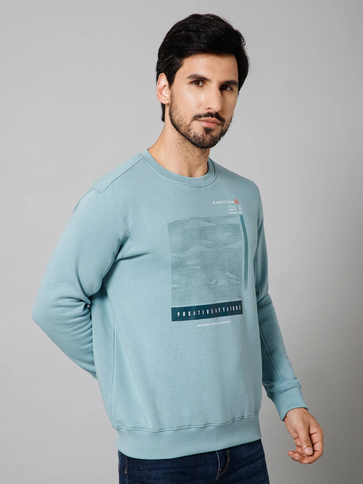 Printed Sky Blue Full Sleeves Round Neck Regular Fit Casual Sweatshirt For Men