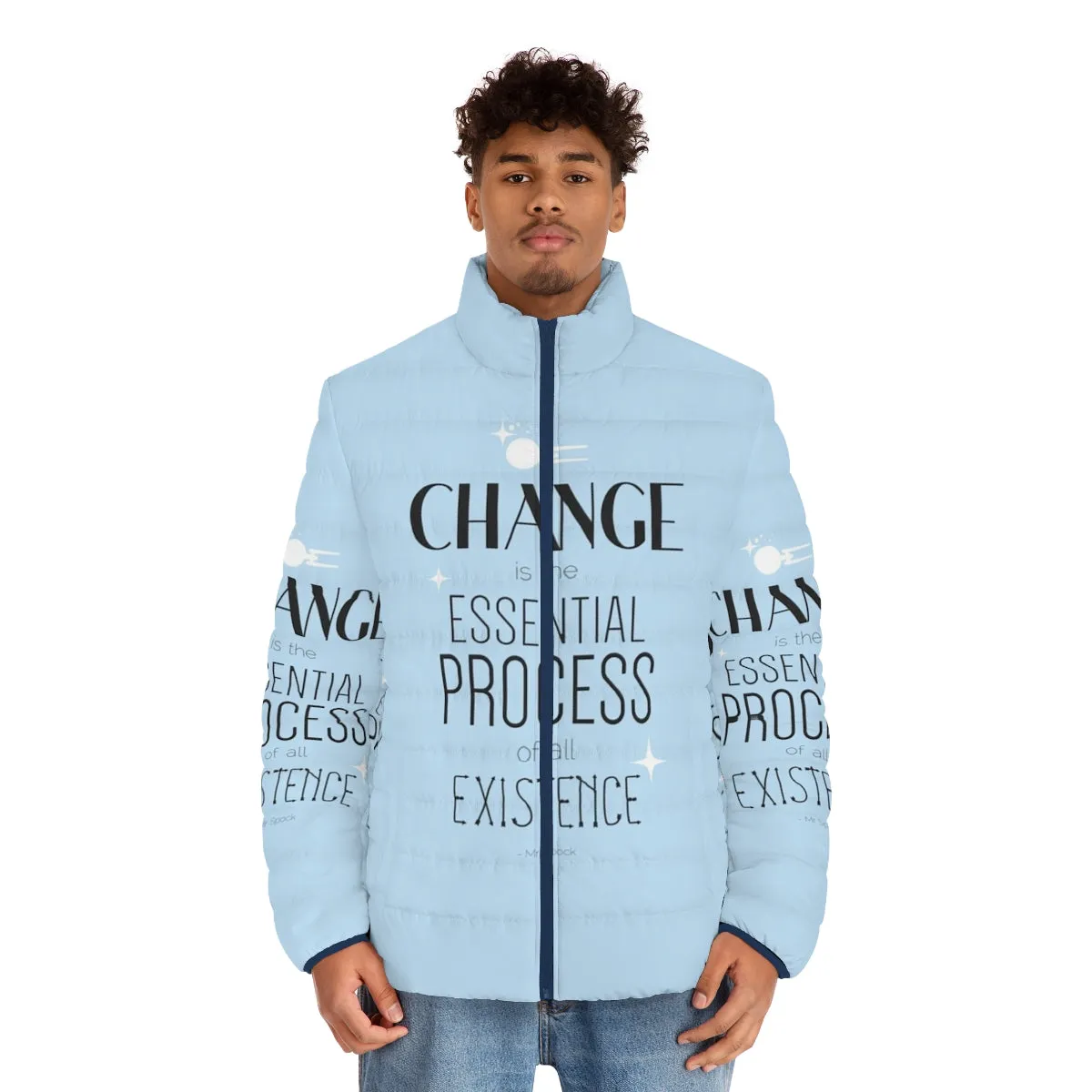 "Mr. Spock Quote Puffer Jacket - Boldly Embrace Change in Sci-Fi Style"