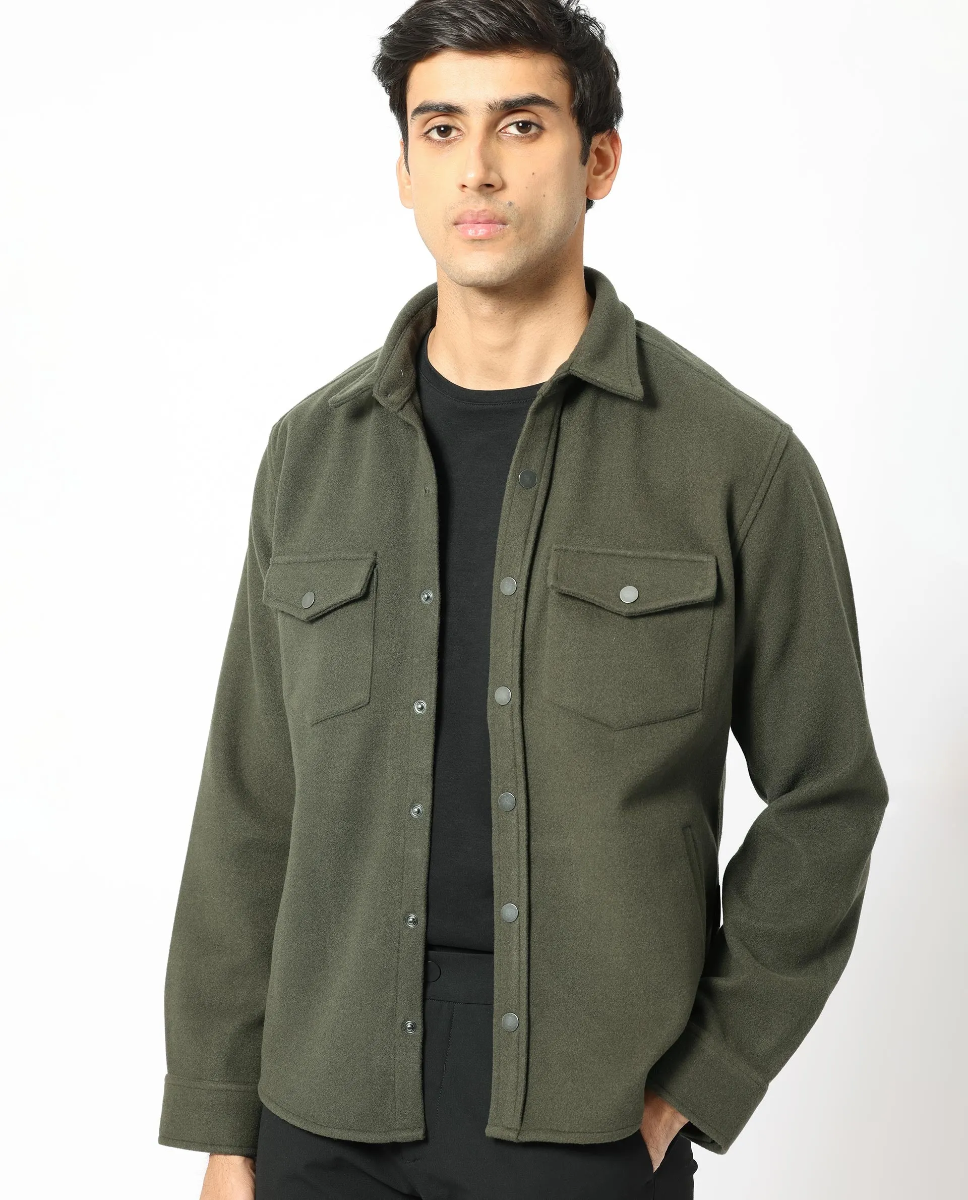 Rare Rabbit Men's Cason Dark Green Multi-Pocket Regular Collar Jacket