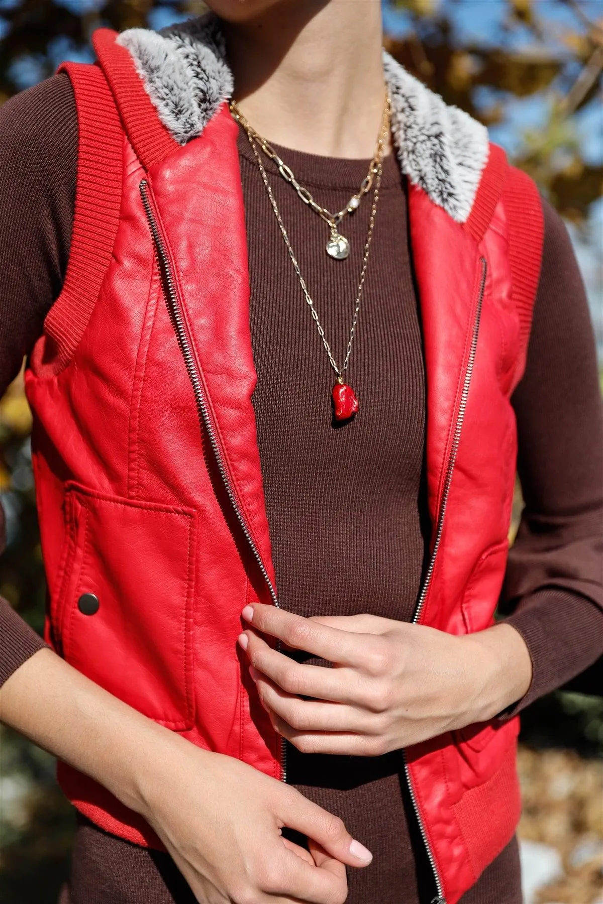 Red Faux Leather Faux Fur Detail Zip-UP Hooded Vest /1-2-2