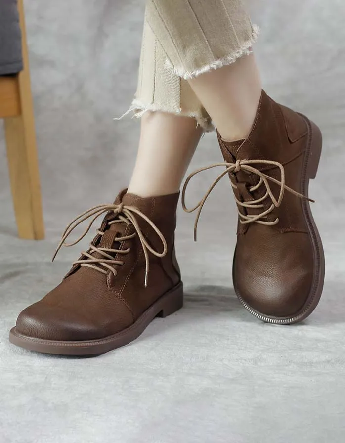 Soft Leather Wide Head Retro Boots