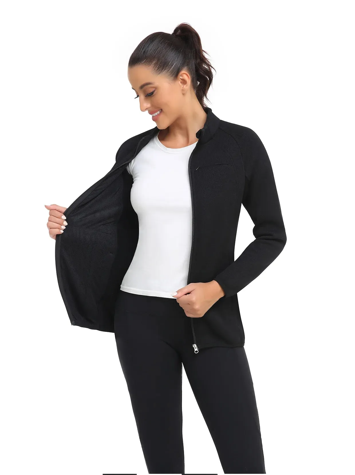 Solid Black Full-zip Long-sleeve Thermal Jacket For Women