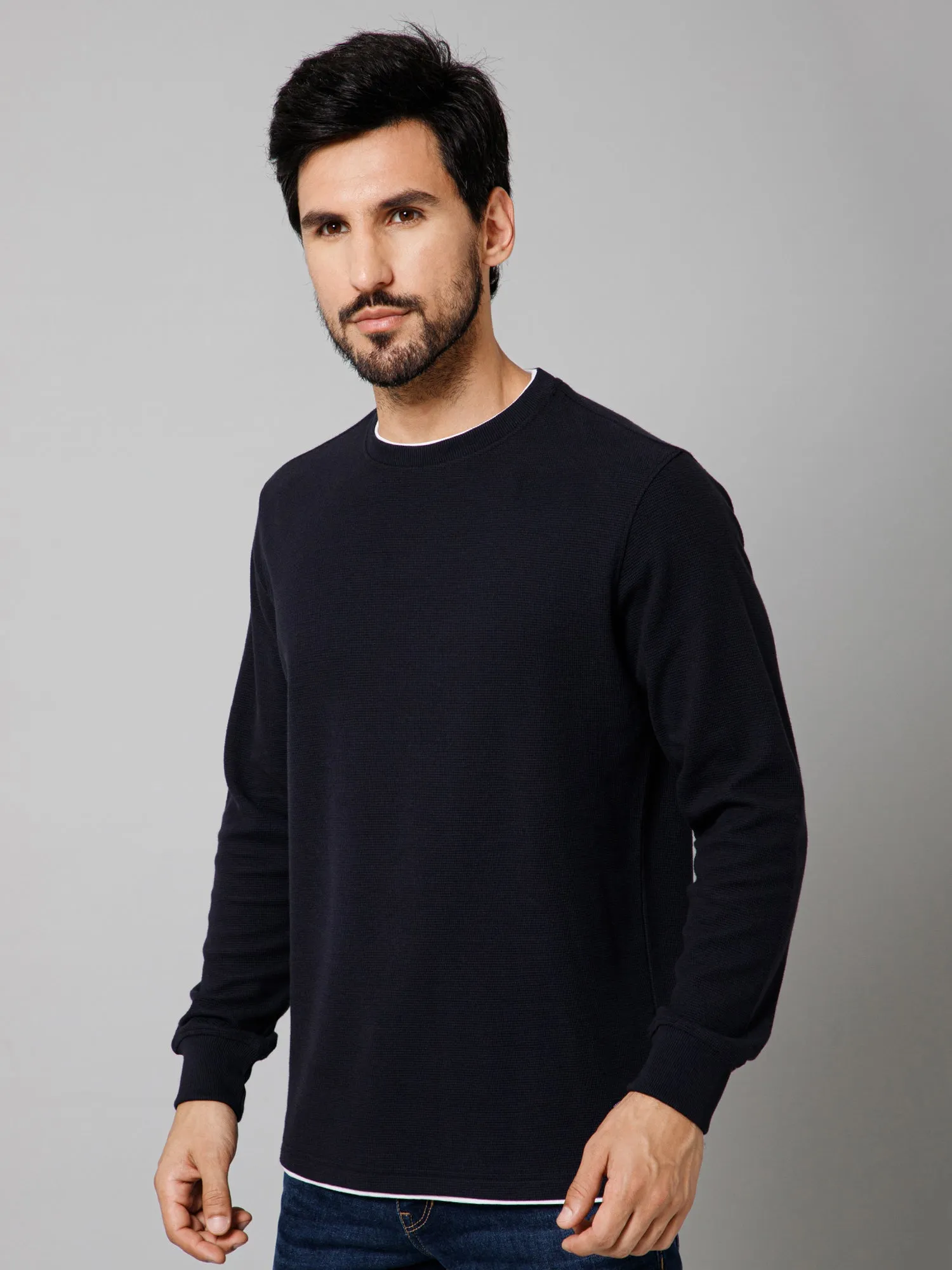 Solid Navy Blue Full Sleeves Round Neck Regular Fit Casual Sweatshirt For Men