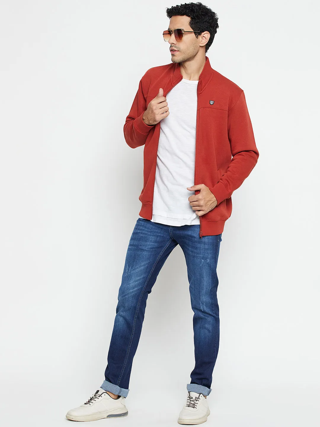 Solid Rust Full Sleeves Mock Collar Regular Fit Casual Sweatshirt for Men