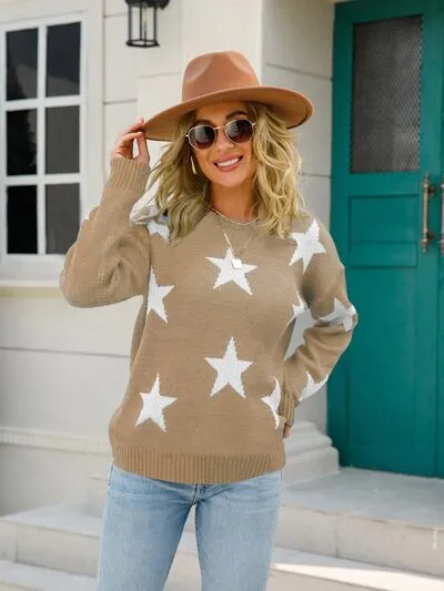 Star Round Neck Dropped Shoulder Sweater