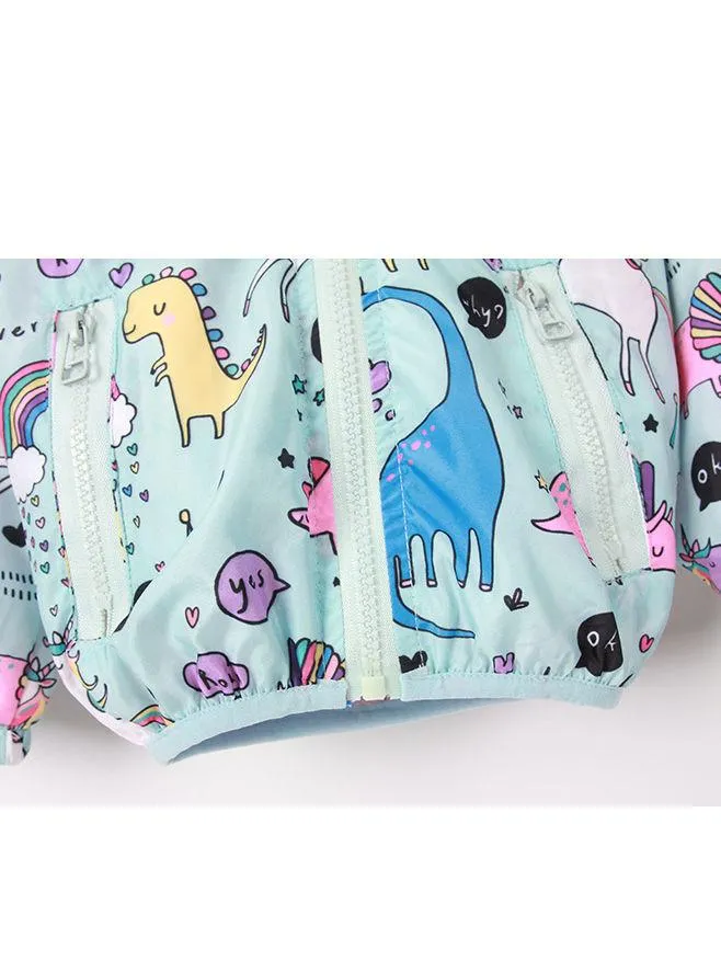 Unicorn Rainbow Dinosaur Cartoon Print Hooded Jacket