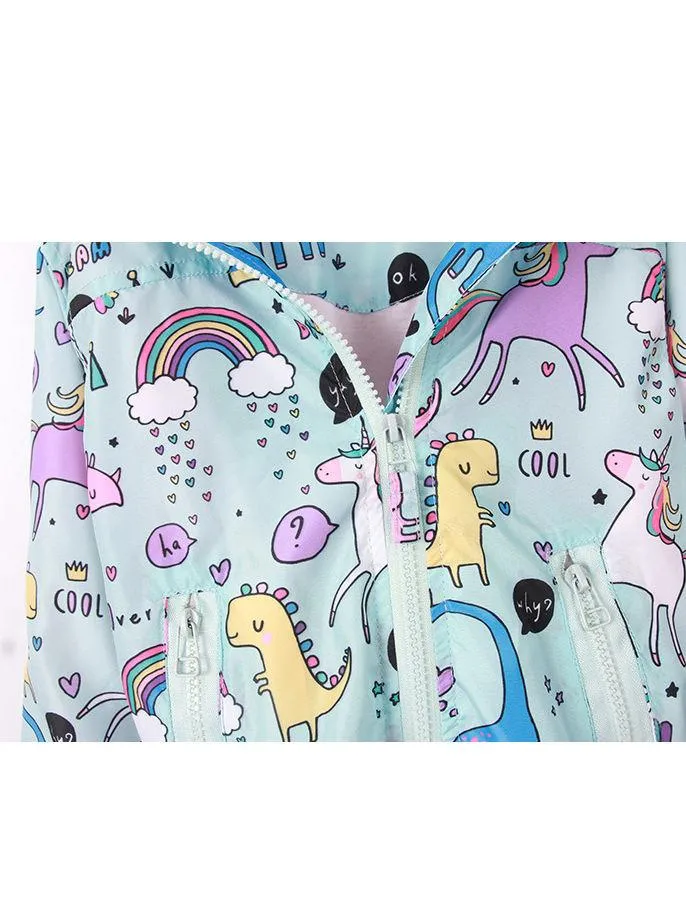 Unicorn Rainbow Dinosaur Cartoon Print Hooded Jacket