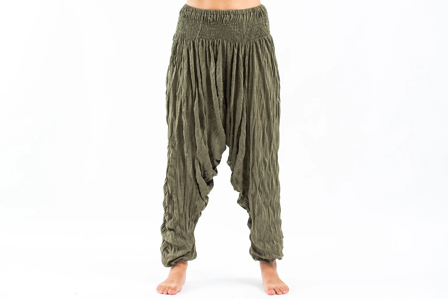 Unisex Crinkled Cotton Harem Pants in Green