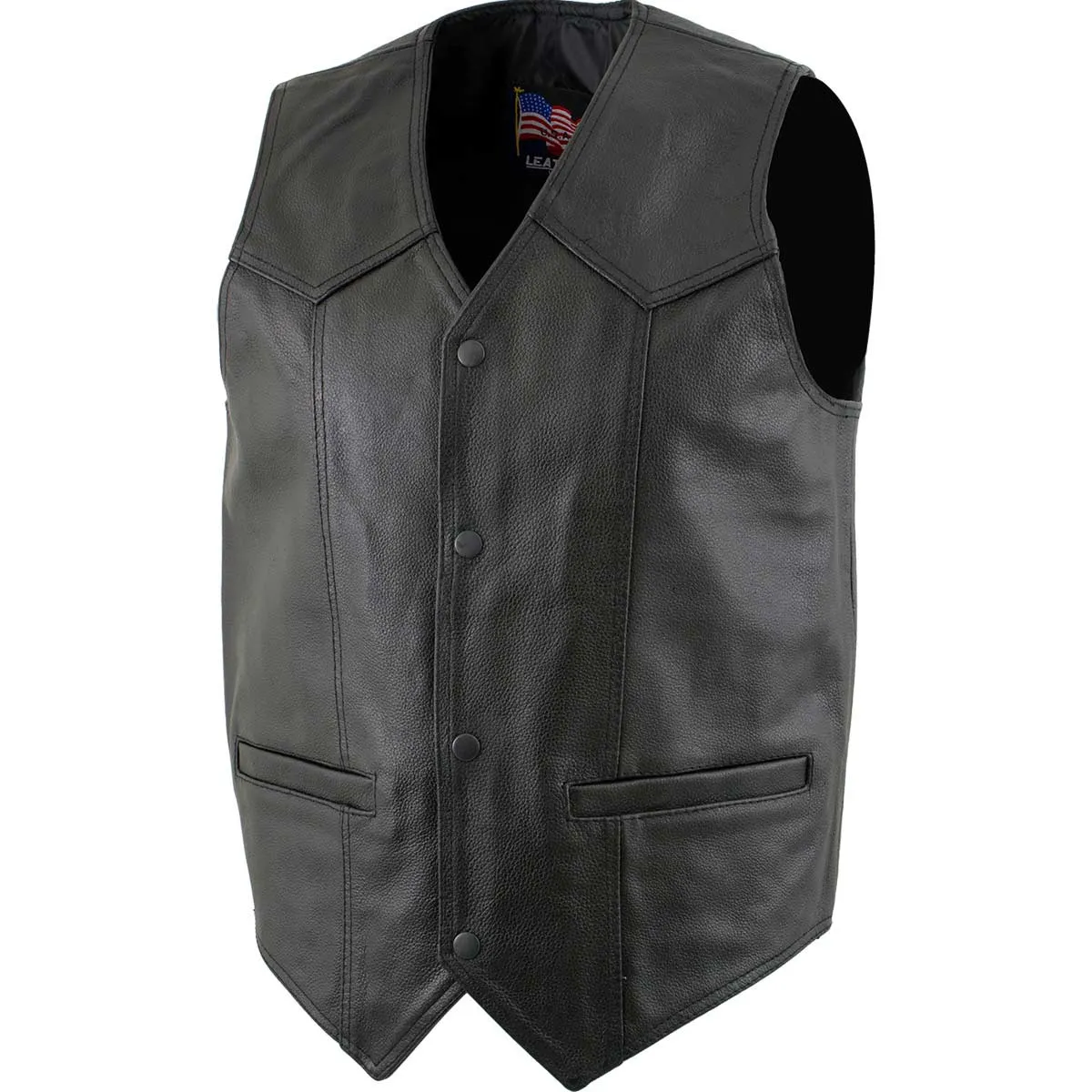 USA Leather 201 Men's Black 'Classy' Leather Motorcycle Rider Vest with Snap Button Closure