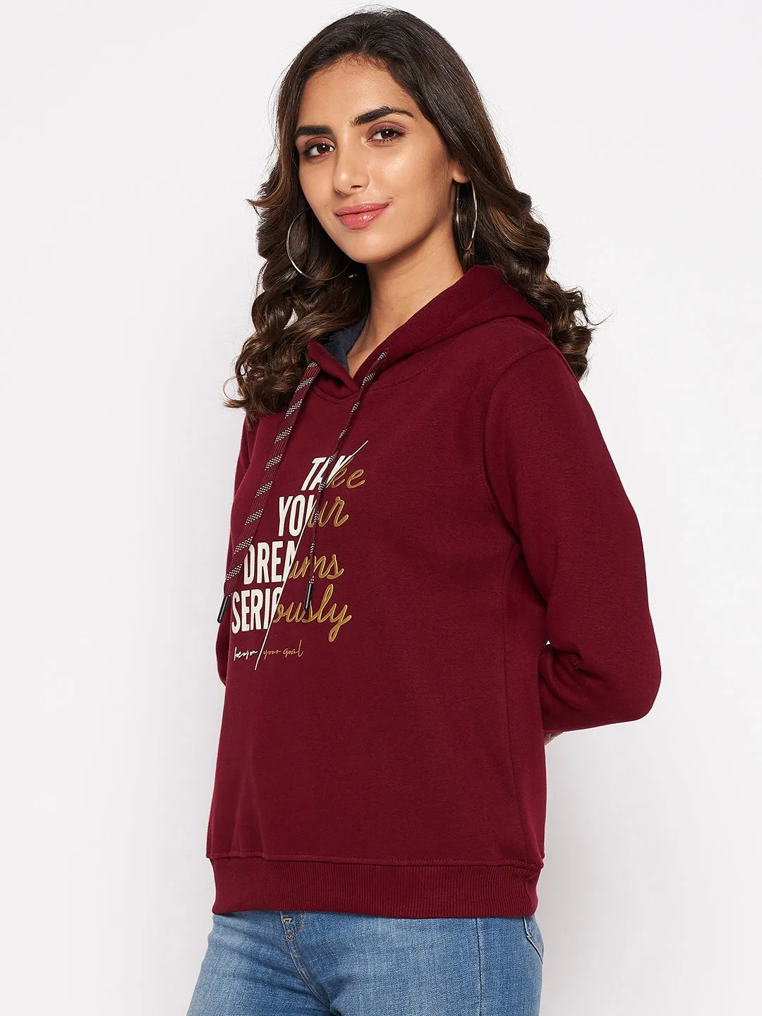 Women's Casual  Maroon Regular Full Sleeve Pullover Hoodie Sweatshirt