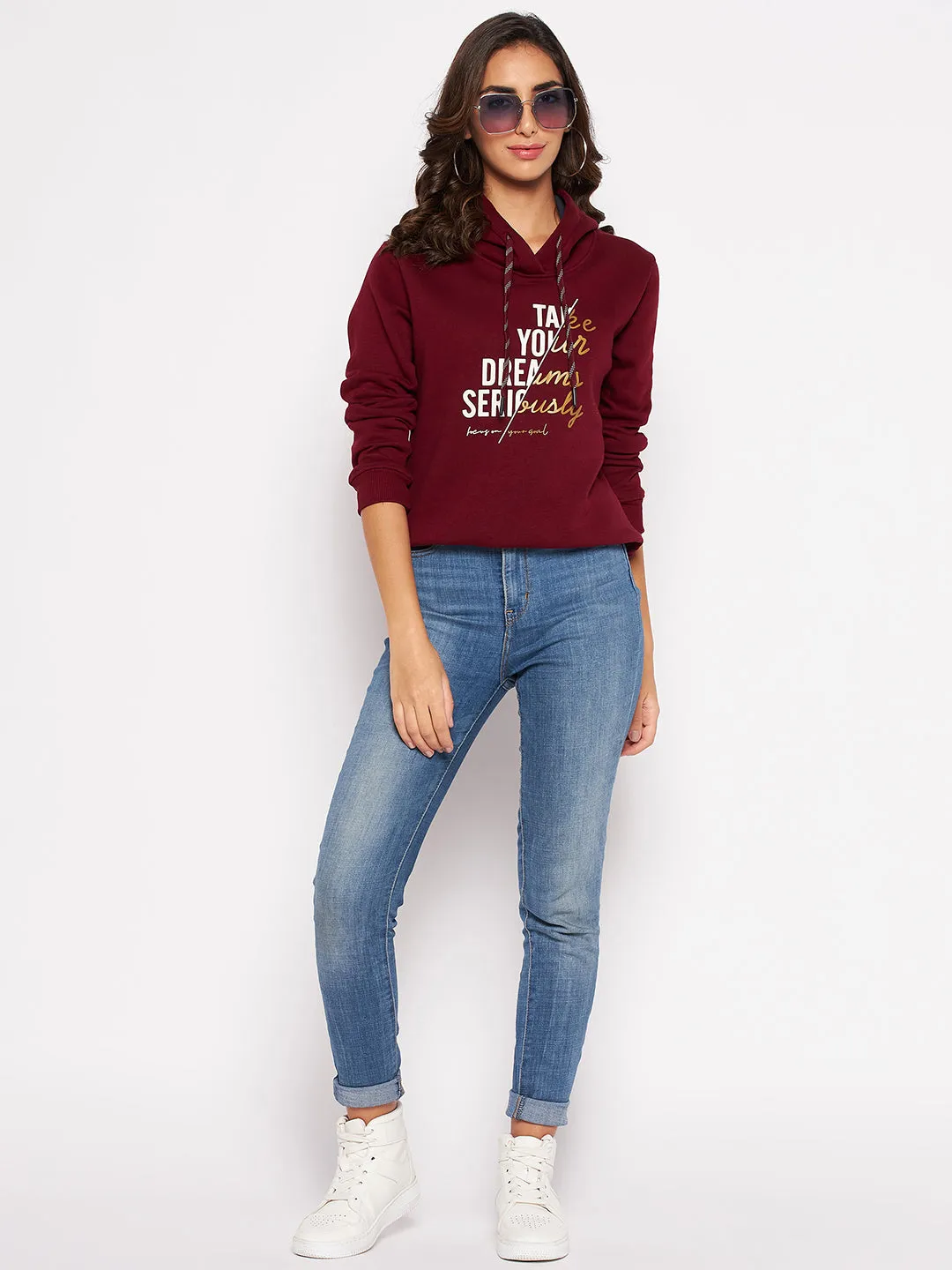 Women's Casual  Maroon Regular Full Sleeve Pullover Hoodie Sweatshirt