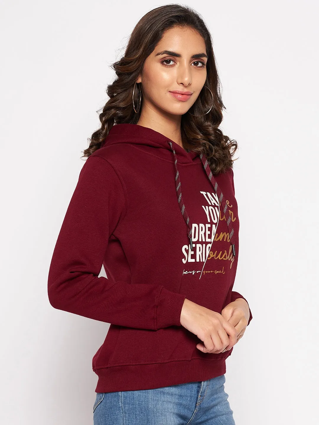 Women's Casual  Maroon Regular Full Sleeve Pullover Hoodie Sweatshirt