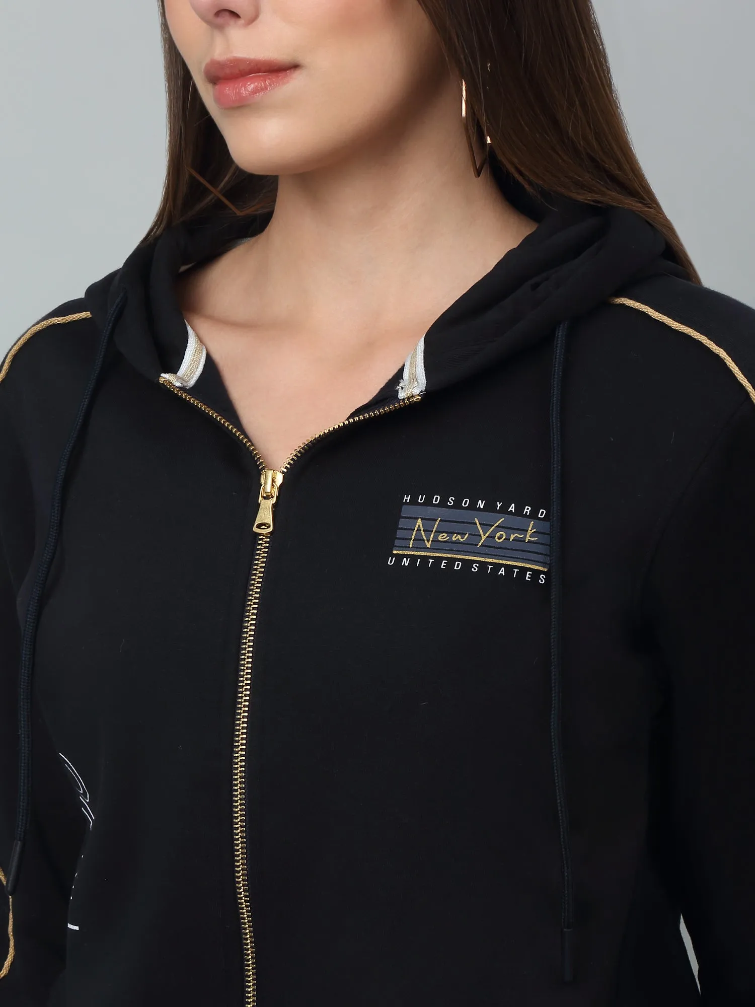 Women's Casual  Navy Blue Regular Full Sleeve Zipthru Hoodie Sweatshirt