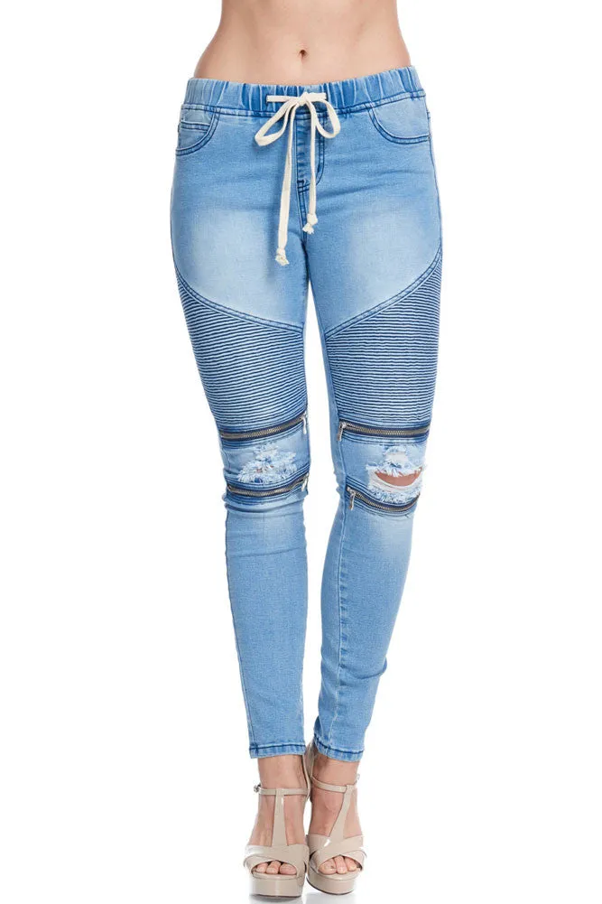 Women's Premium Moto Ripped Skinny Denim Joggers